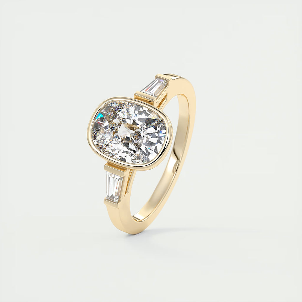 2.30 Ct Lowrider Center Stone Cushion & Side Stone Bagutte Engagement Ring