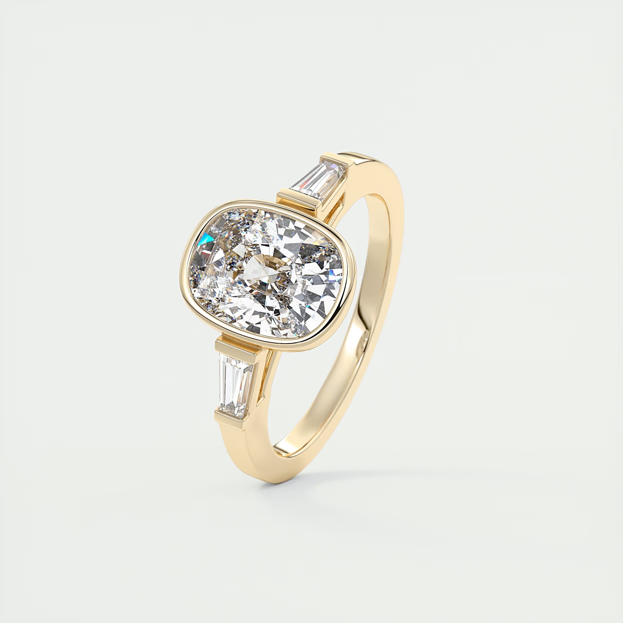 2.30 Ct Lowrider Center Stone Cushion & Side Stone Bagutte Engagement Ring
