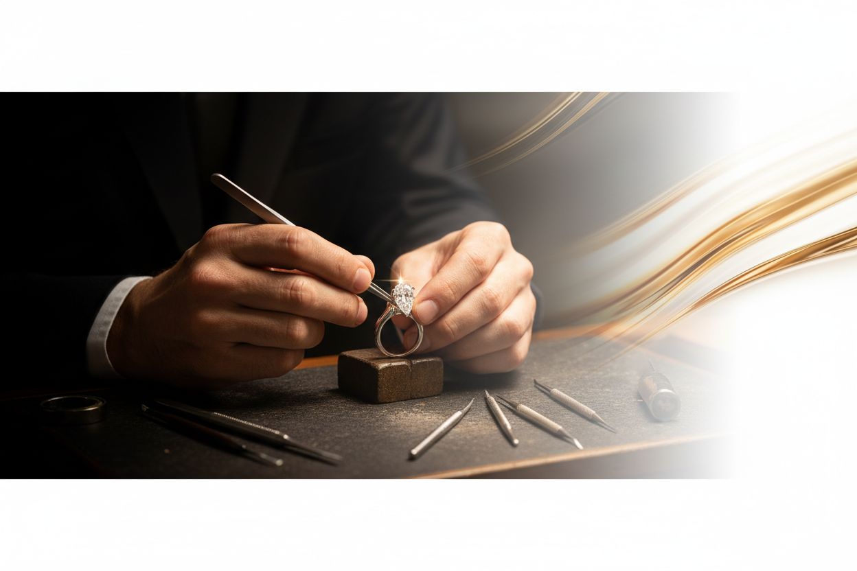 Design a full-width artistic banner showing the intricate craftsmanship behind Infinity Fine Jewelry. Capture a dramatic close-up of a master jeweler’s hands setting a lab-grown diamond into a ring under soft warm lighting. Highlight fine tools, precise hand movements, and diamond sparkle. Use a dark-to-light gradient background with elegant gold reflections to create a premium luxury atmosphere. Style: cinematic, high-end editorial, ultra-detailed macro photography, 8K resolutio.
no text use