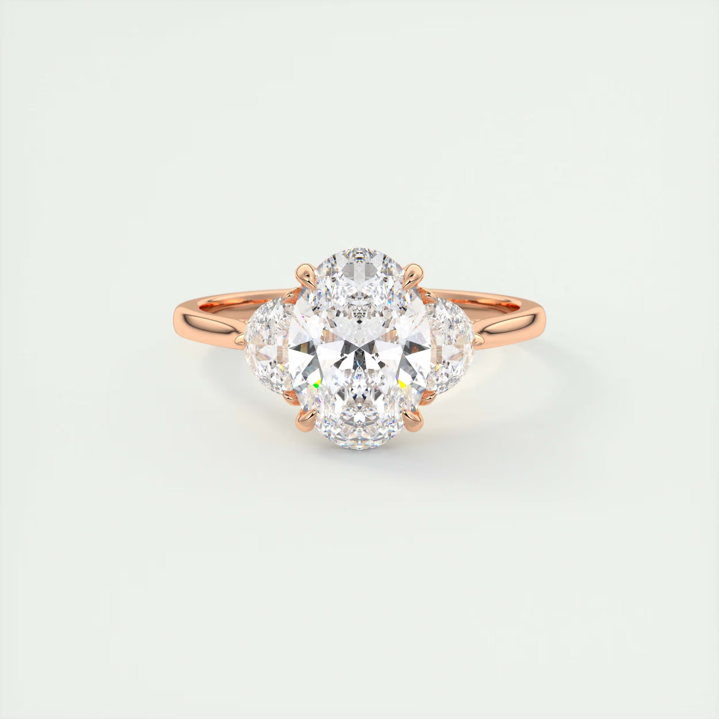 3.00 Ct The Center Stone Oval - Side Stone Half Moon Three Stone Engagement Rings