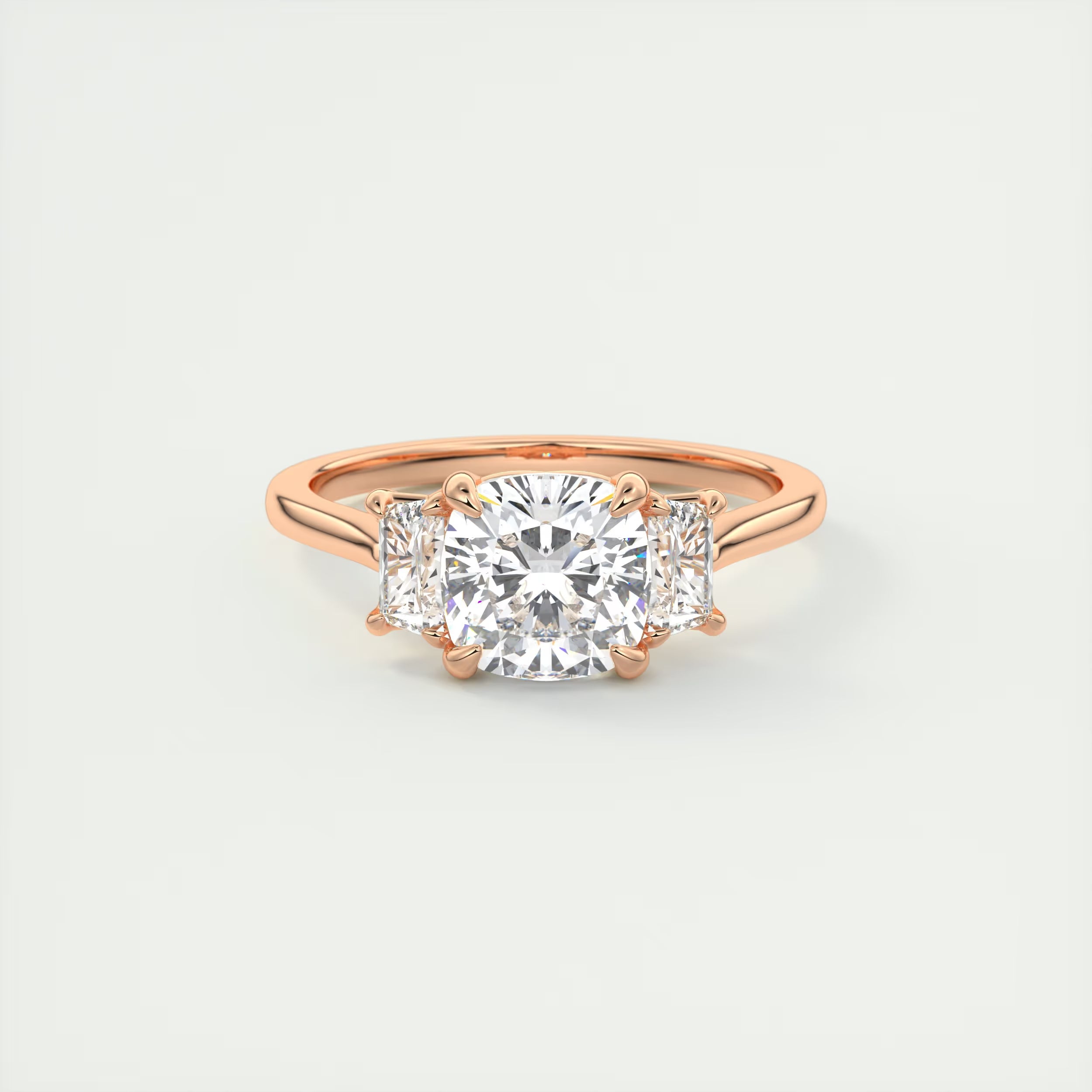 3.00 Ct Center Stone Cushion & Side Stone Trapezoid Three Stone Engagement Rings