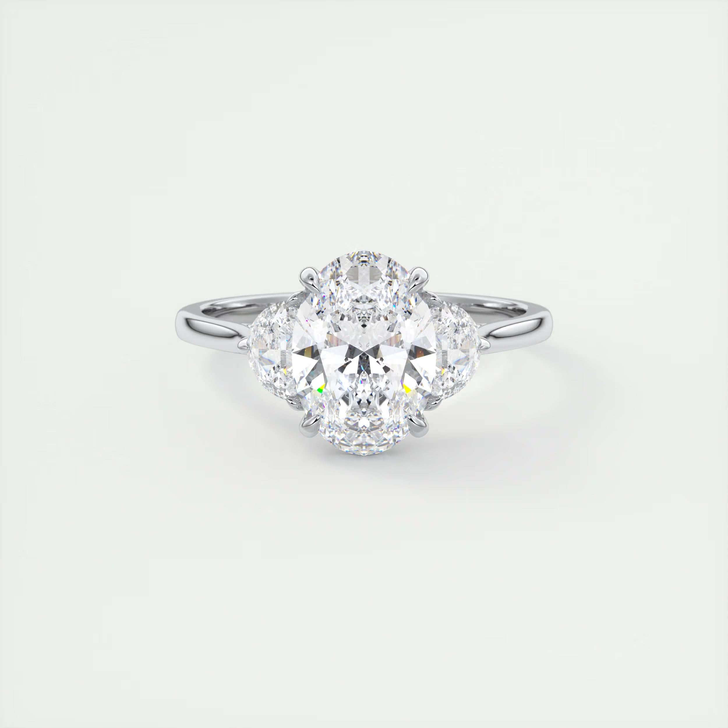 3.00 Ct The Center Stone Oval - Side Stone Half Moon Three Stone Engagement Rings