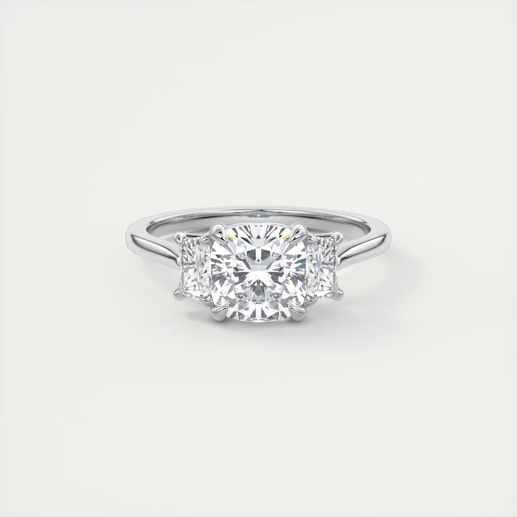 3.00 Ct Center Stone Cushion & Side Stone Trapezoid Three Stone Engagement Rings