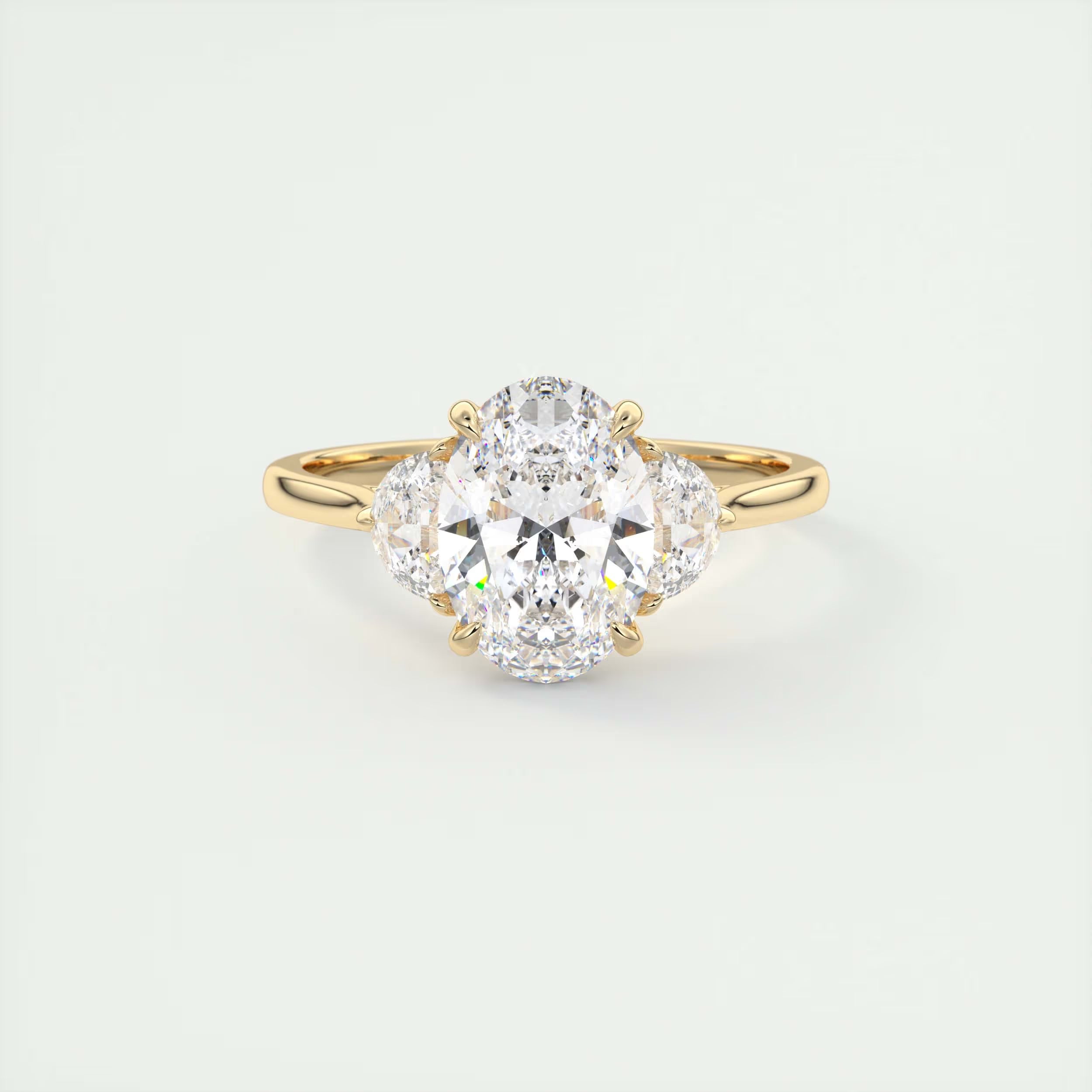 3.00 Ct The Center Stone Oval - Side Stone Half Moon Three Stone Engagement Rings