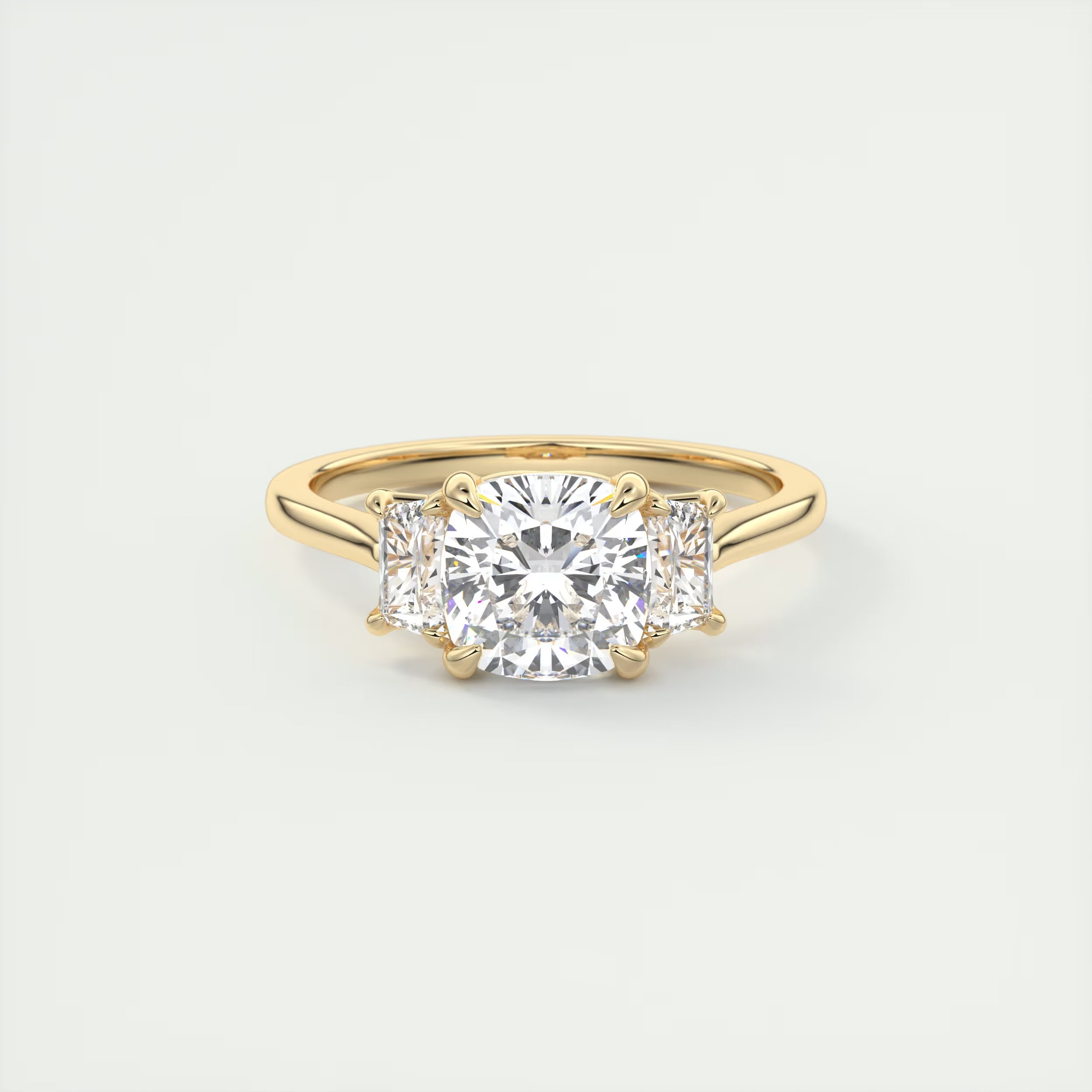 3.00 Ct Center Stone Cushion & Side Stone Trapezoid Three Stone Engagement Rings