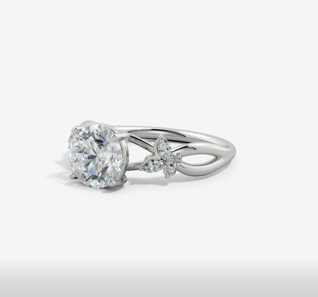 2.15 Ct In Center Stone Round & Side Stone Marquise Bardot Scallop Engagement Ring