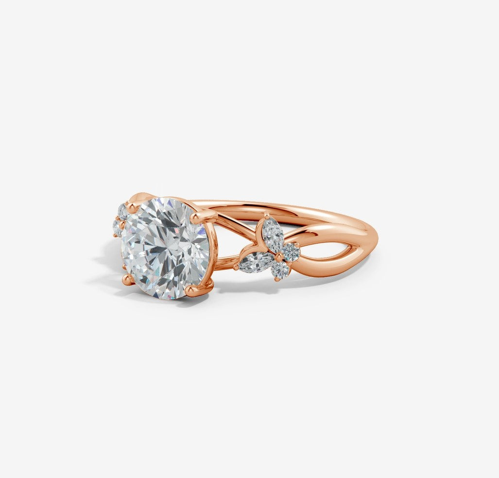 2.15 Ct In Center Stone Round & Side Stone Marquise Bardot Scallop Engagement Ring
