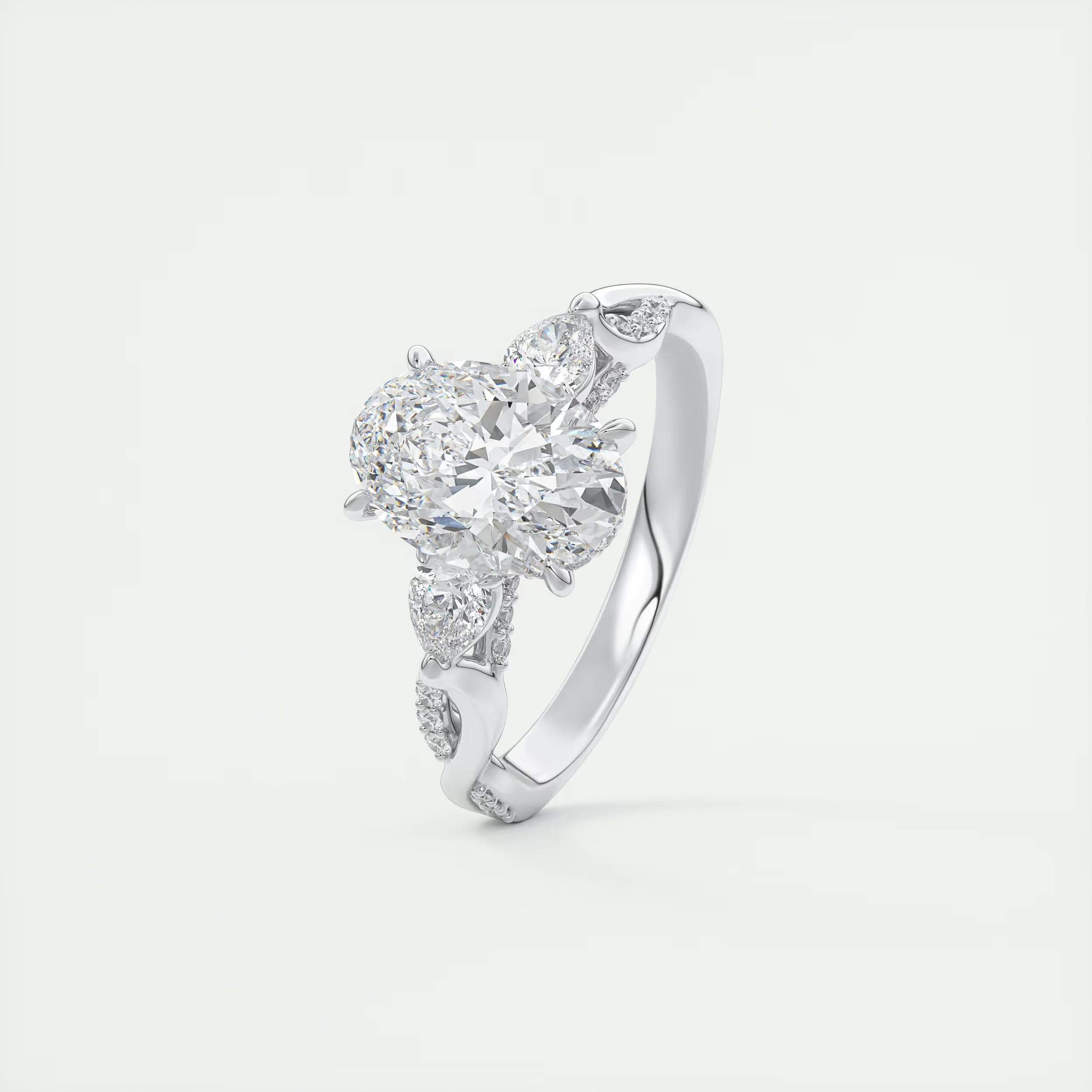 2.75 Ct The Full Bloom Oval - Twisted Pave Oval Solitaire Three Stone Engagement Rings