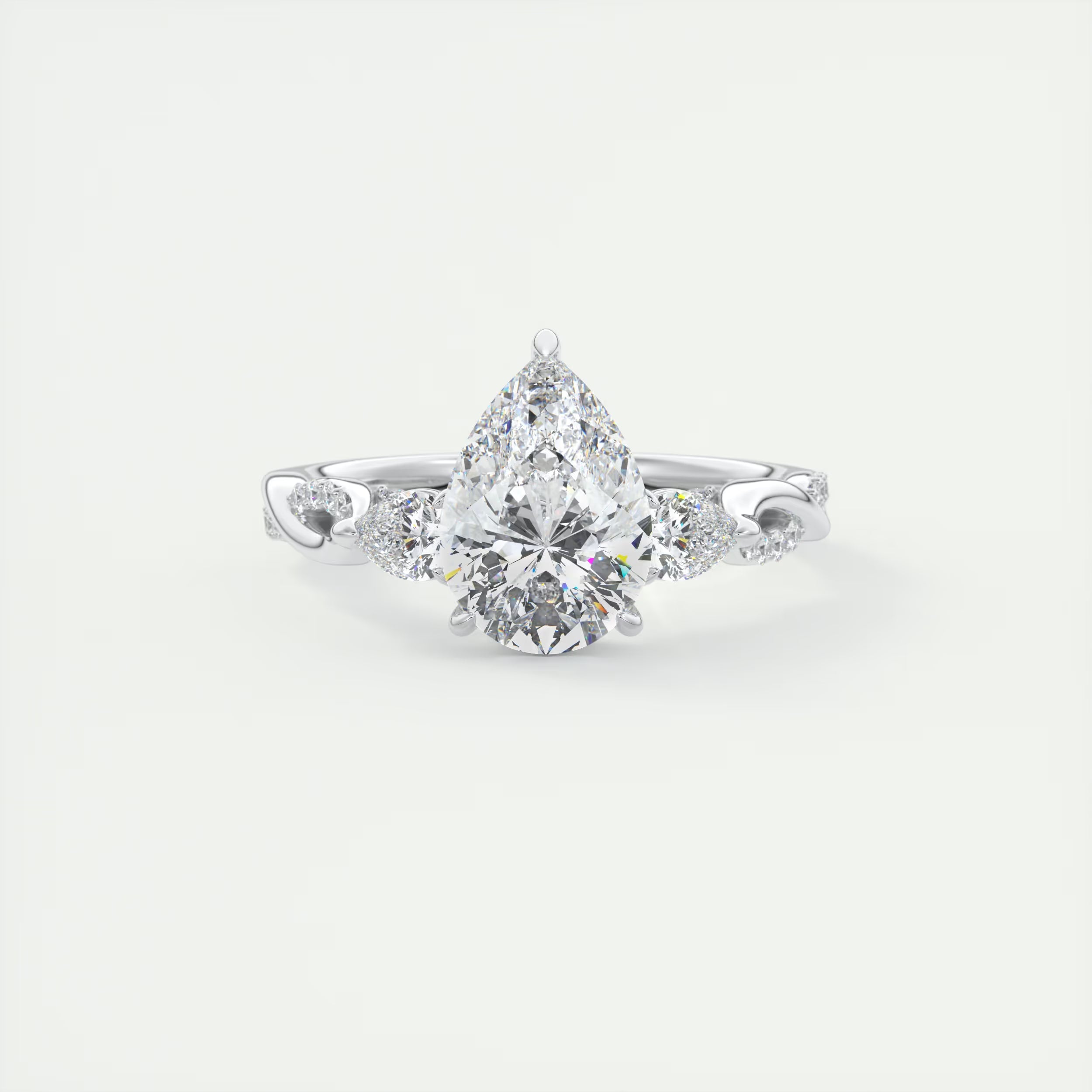 2.75 Ct  The Full Bloom Center Stone Pear & Side stone Round Solitaire Three Stone Engagement Rings