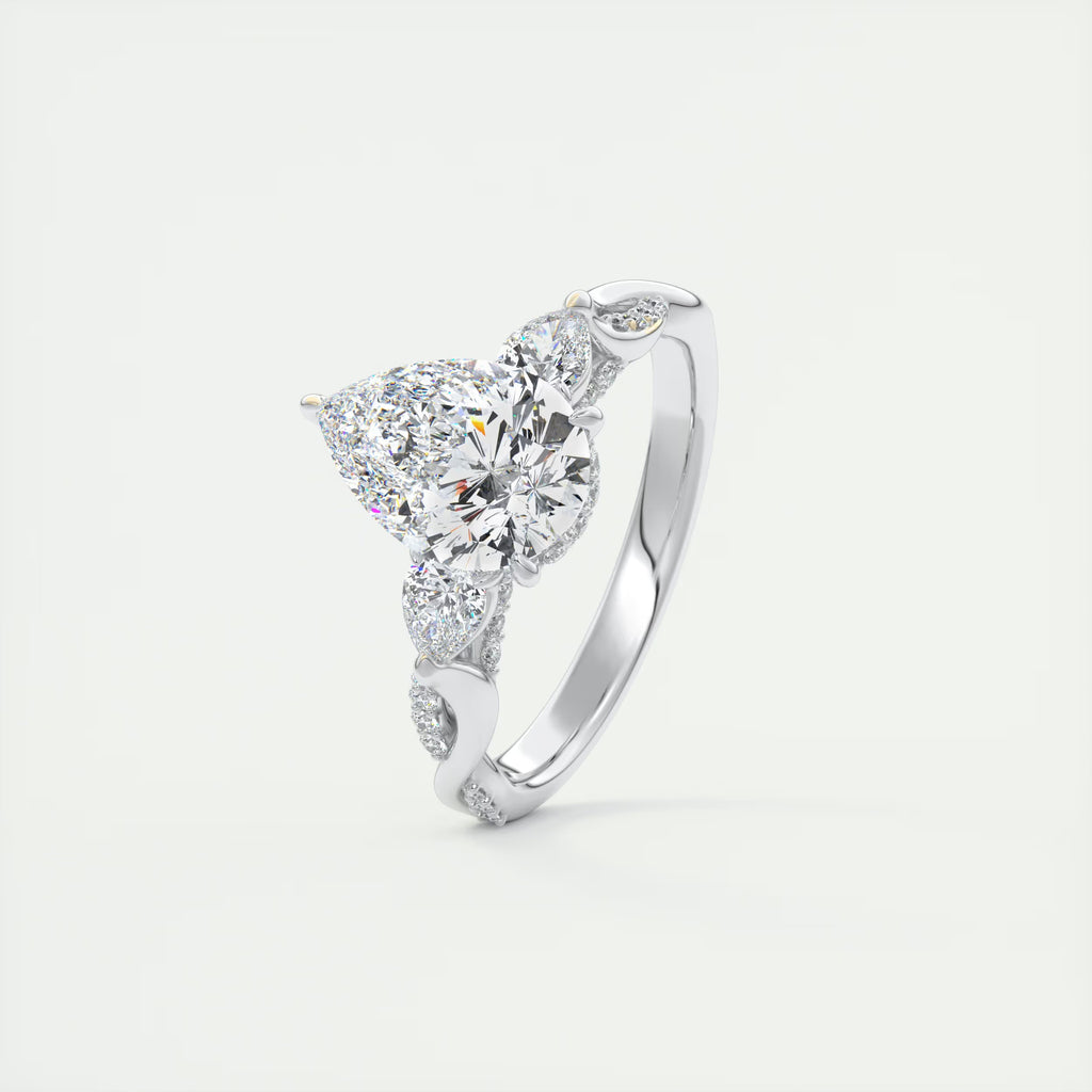 2.75 Ct  The Full Bloom Center Stone Pear & Side stone Round Solitaire Three Stone Engagement Rings