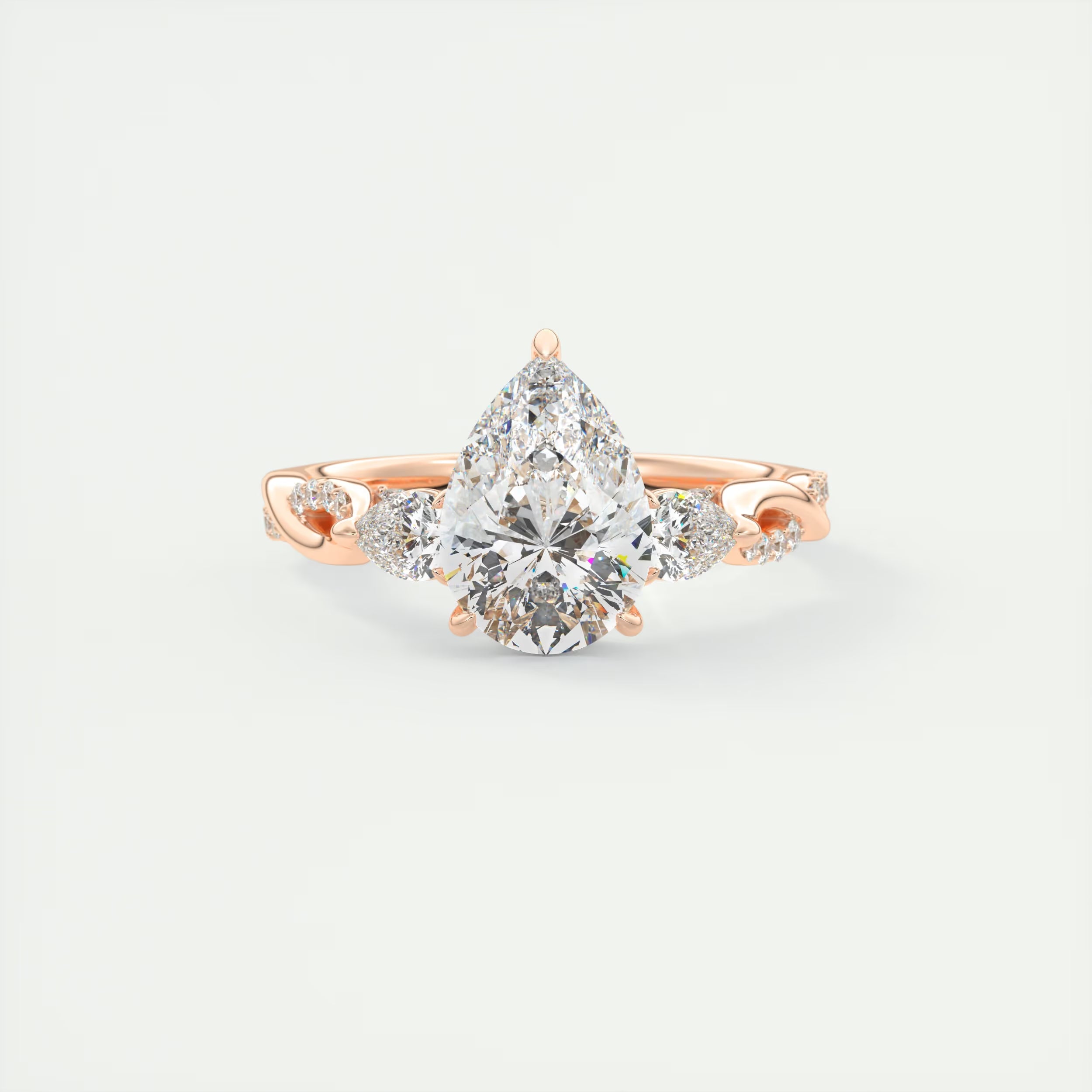 2.75 Ct  The Full Bloom Center Stone Pear & Side stone Round Solitaire Three Stone Engagement Rings