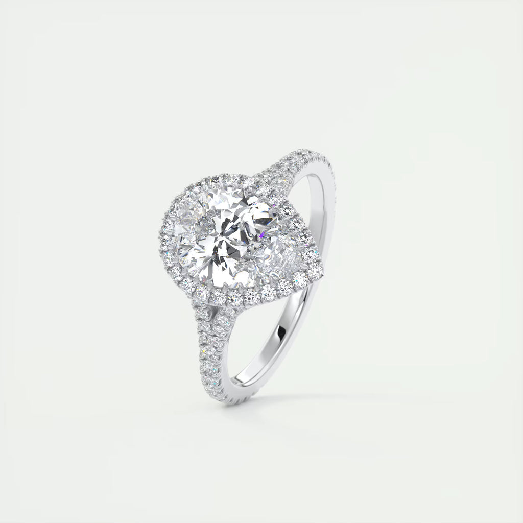 2.70 Ct The French Halo Center Stone Pear & Side Stone Round Cut Diamond with Miniature Prongs Ring