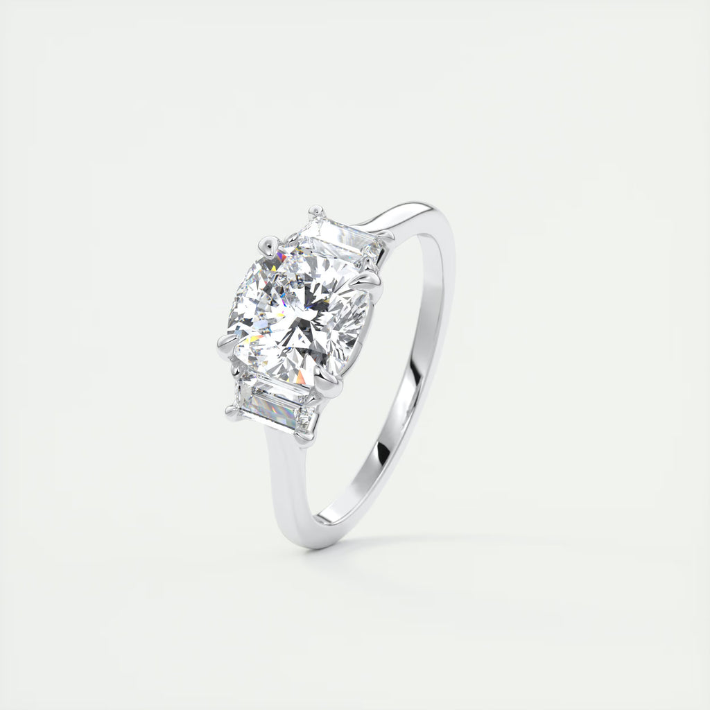 3.00 Ct Center Stone Cushion & Side Stone Trapezoid Three Stone Engagement Rings