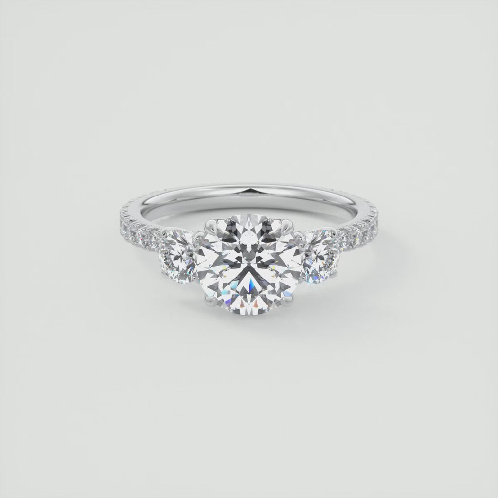 2.50 Ct Round Solitaire Ring Three Stone Ring with 3/4 French Set Pave Engagement Rings