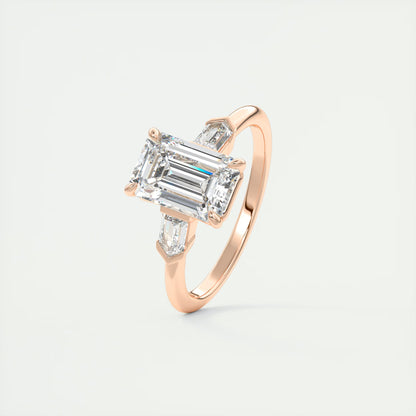 2.30 Ct Plunge Emerald & Bullets Three Stone Engagement Rings