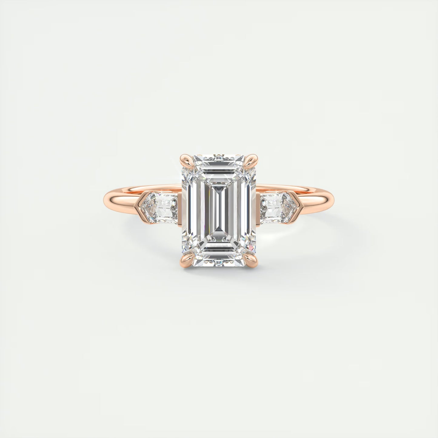 2.30 Ct Plunge Emerald & Bullets Three Stone Engagement Rings