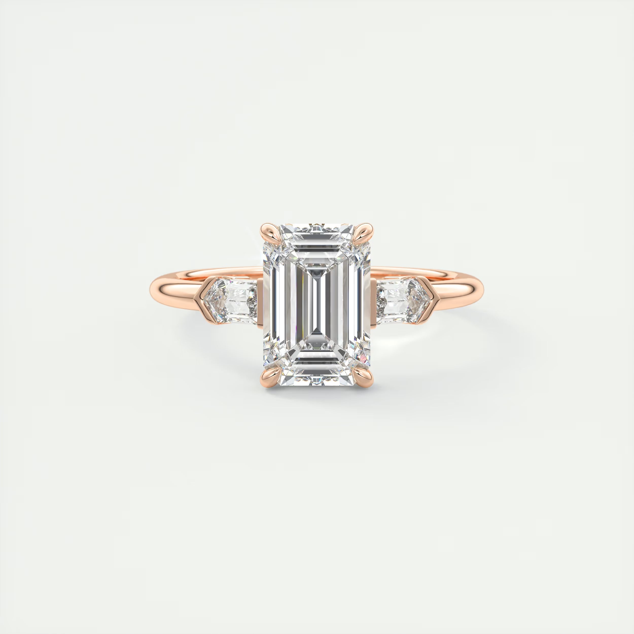 2.30 Ct Center Stone Emerald & Side Stone Bullets Three Stone Engagement Rings