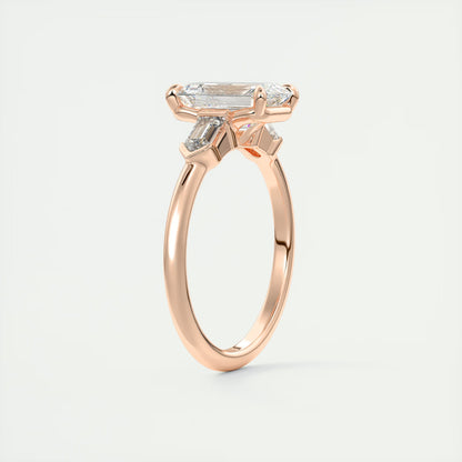 2.30 Ct Plunge Emerald & Bullets Three Stone Engagement Rings