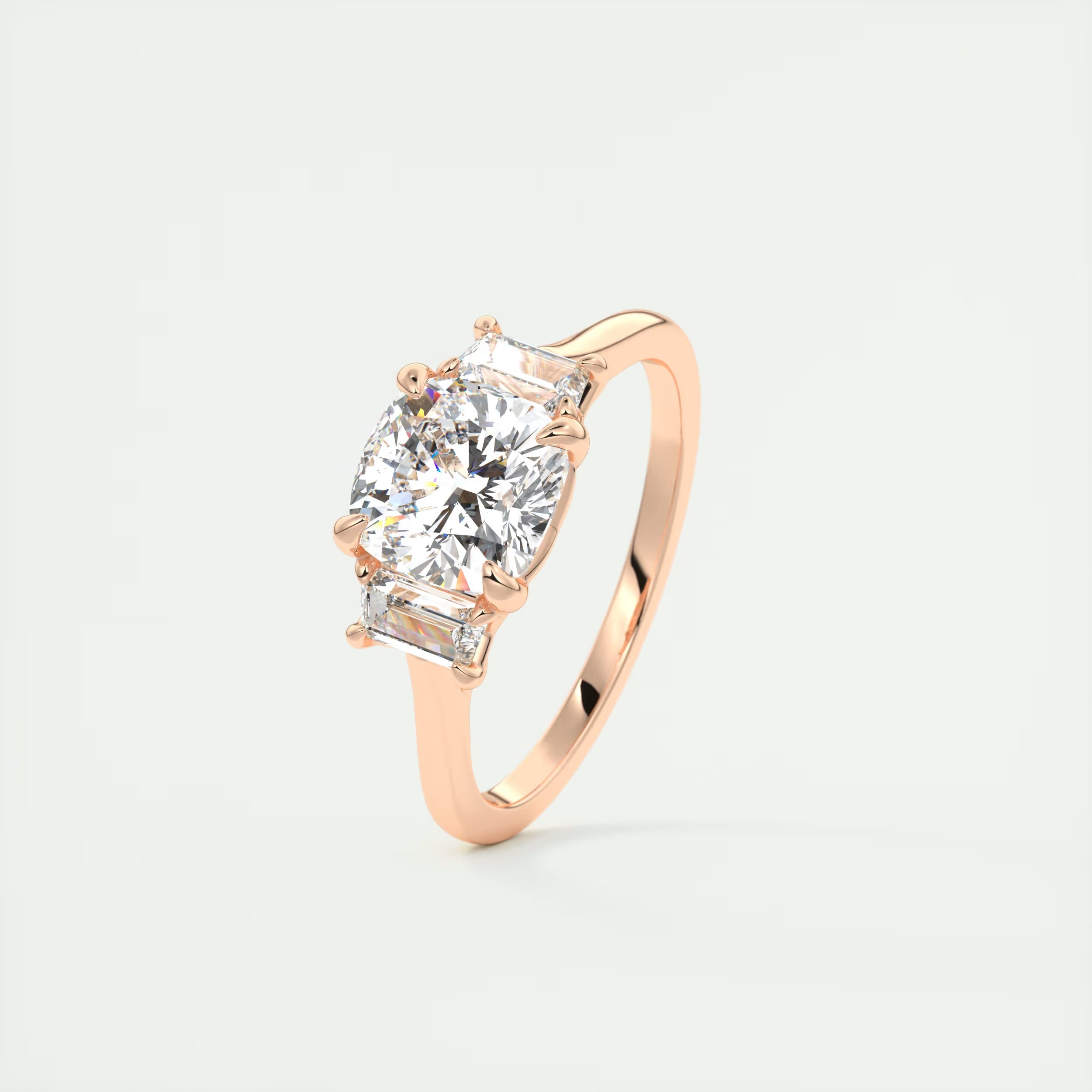 3.00 Ct Center Stone Cushion & Side Stone Trapezoid Three Stone Engagement Rings