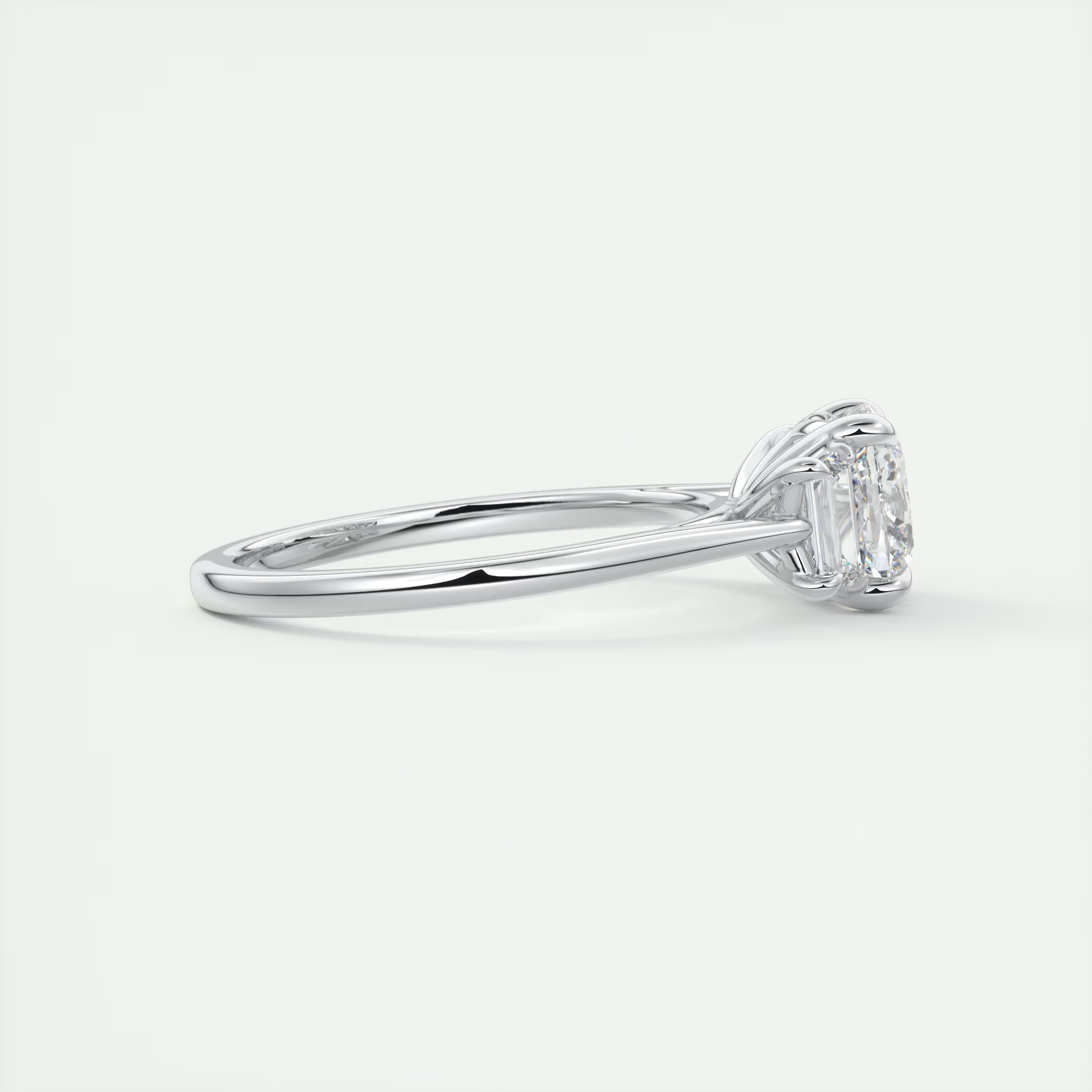 3.00 Ct Center Stone Cushion & Side Stone Trapezoid Three Stone Engagement Rings