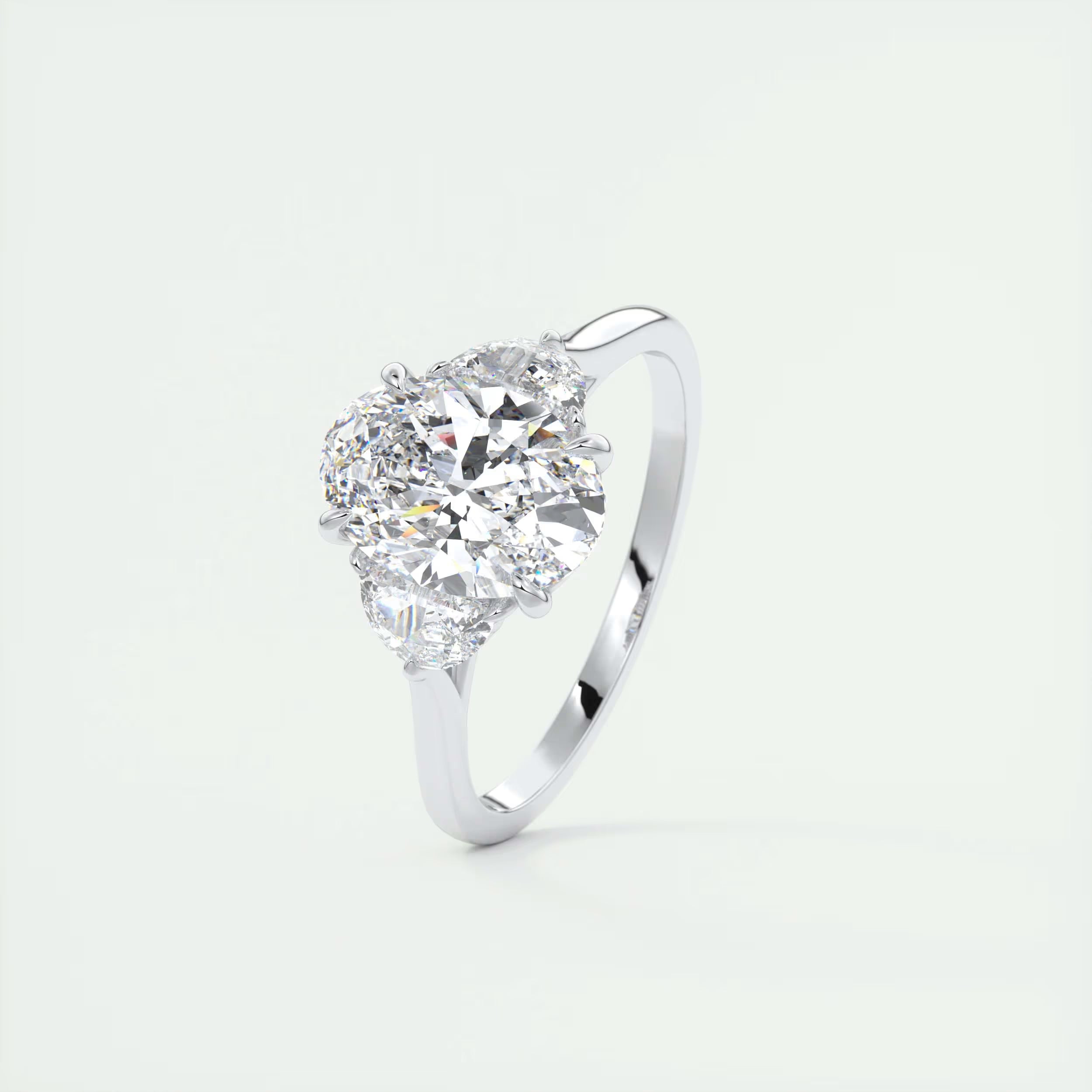 3.00 Ct The Center Stone Oval - Side Stone Half Moon Three Stone Engagement Rings