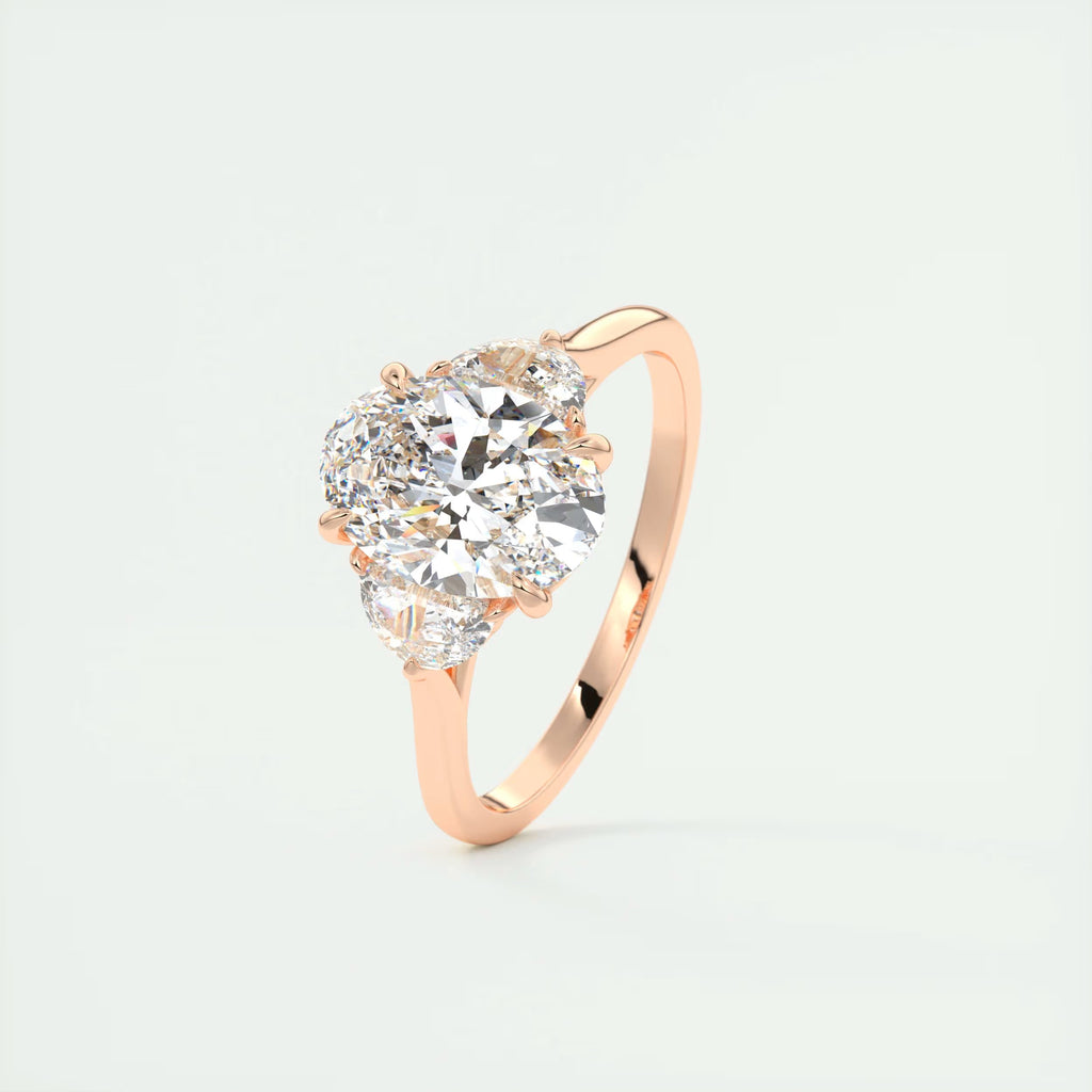 3.00 Ct The Center Stone Oval - Side Stone Half Moon Three Stone Engagement Rings