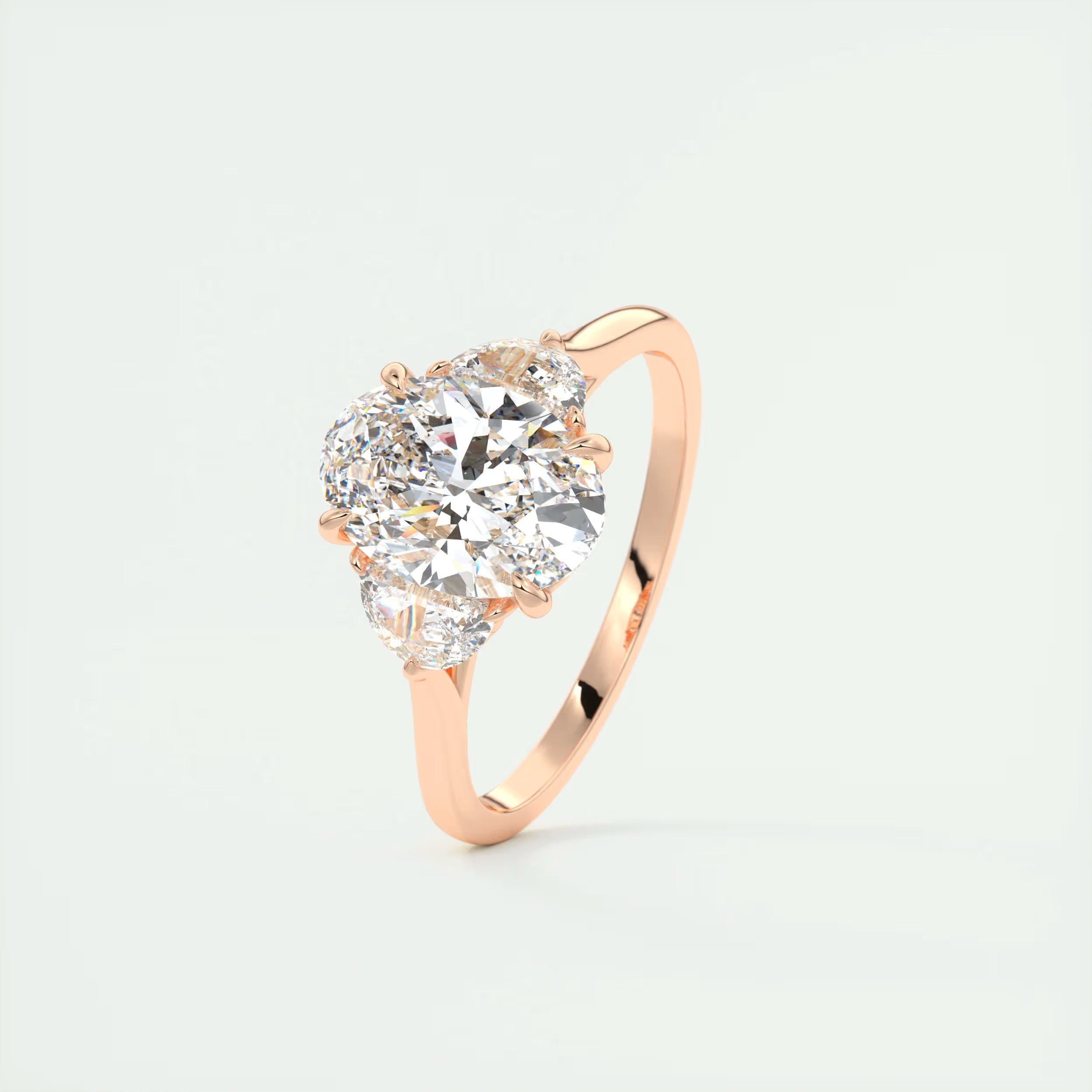 3.00 Ct The Center Stone Oval - Side Stone Half Moon Three Stone Engagement Rings