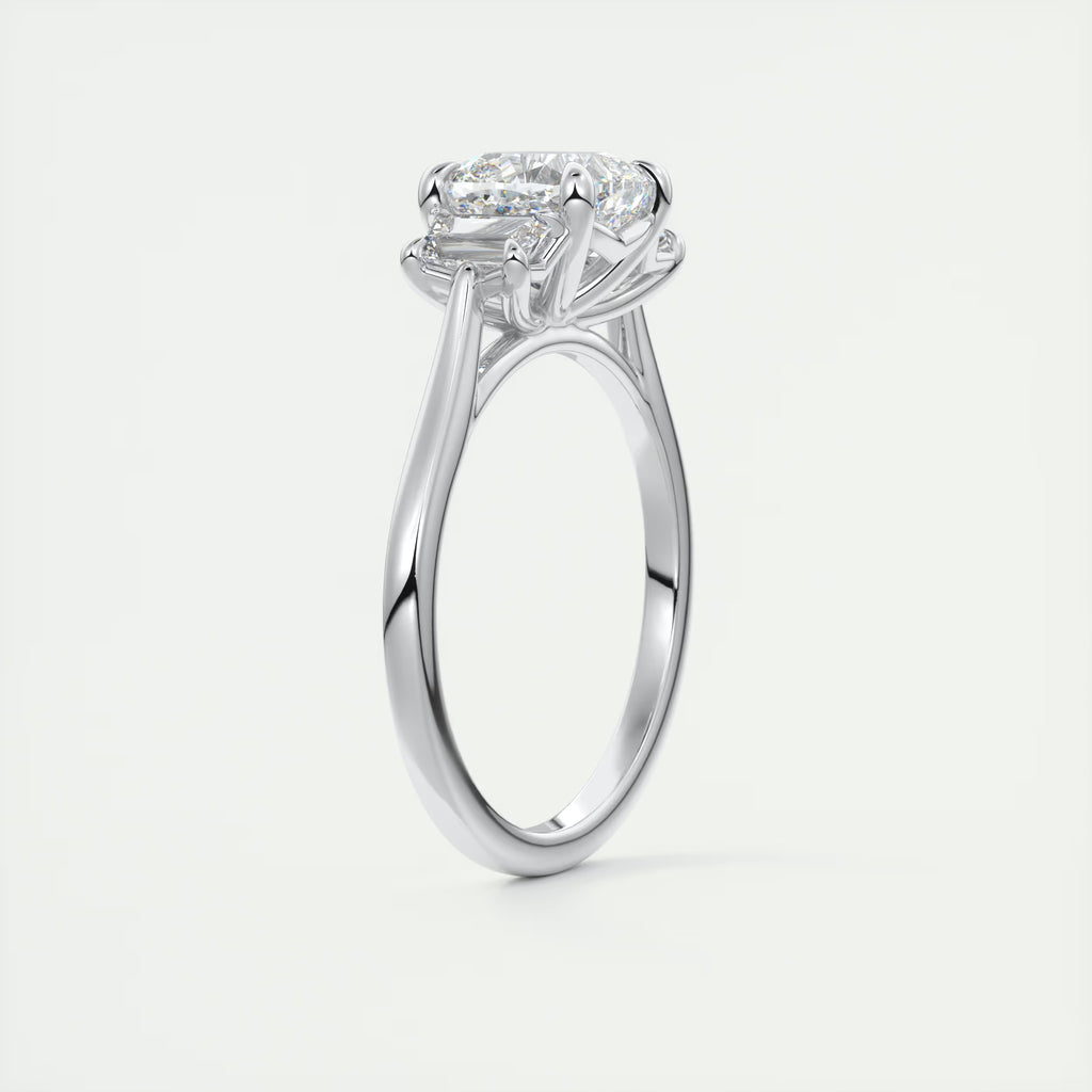 3.00 Ct Center Stone Cushion & Side Stone Trapezoid Three Stone Engagement Rings