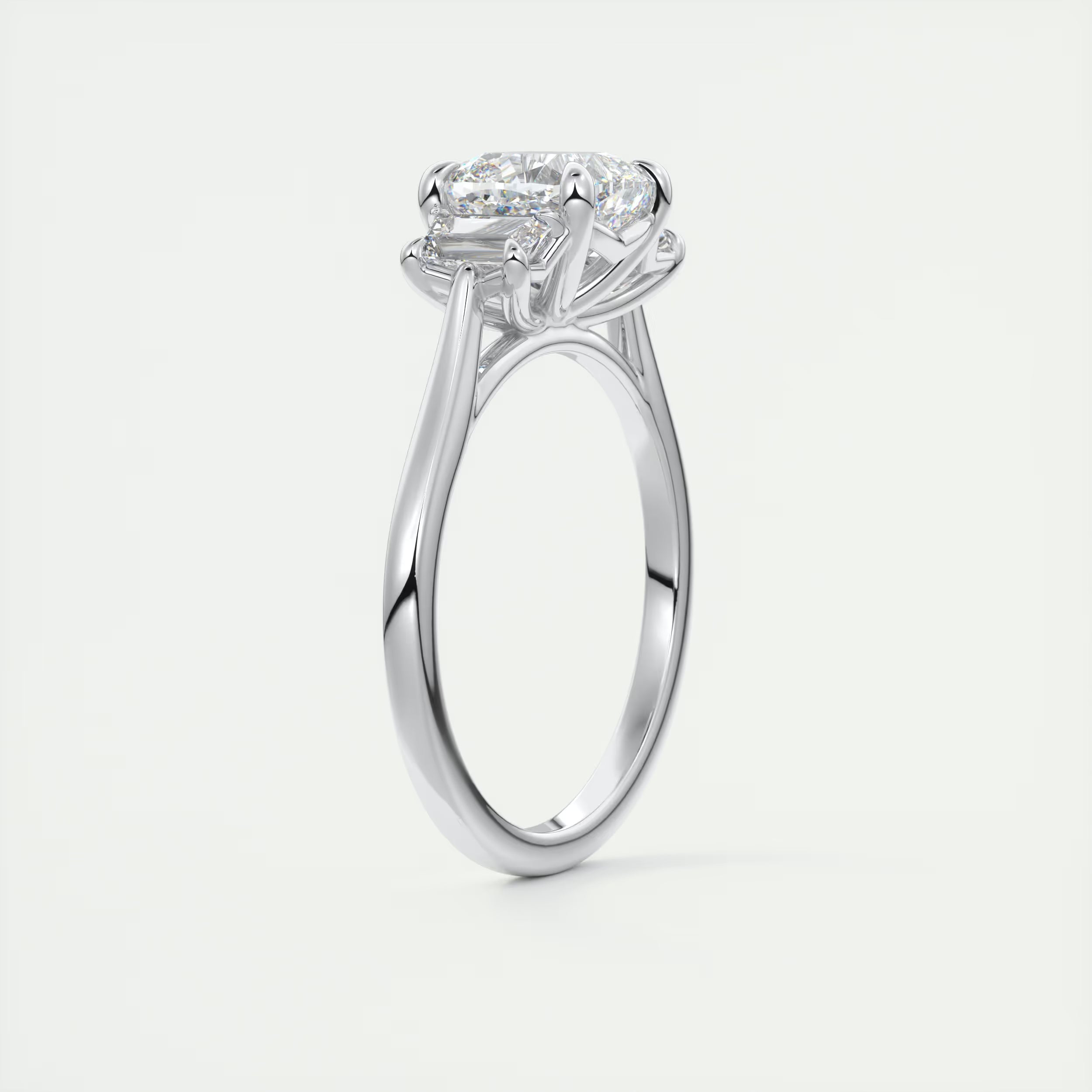 3.00 Ct Center Stone Cushion & Side Stone Trapezoid Three Stone Engagement Rings