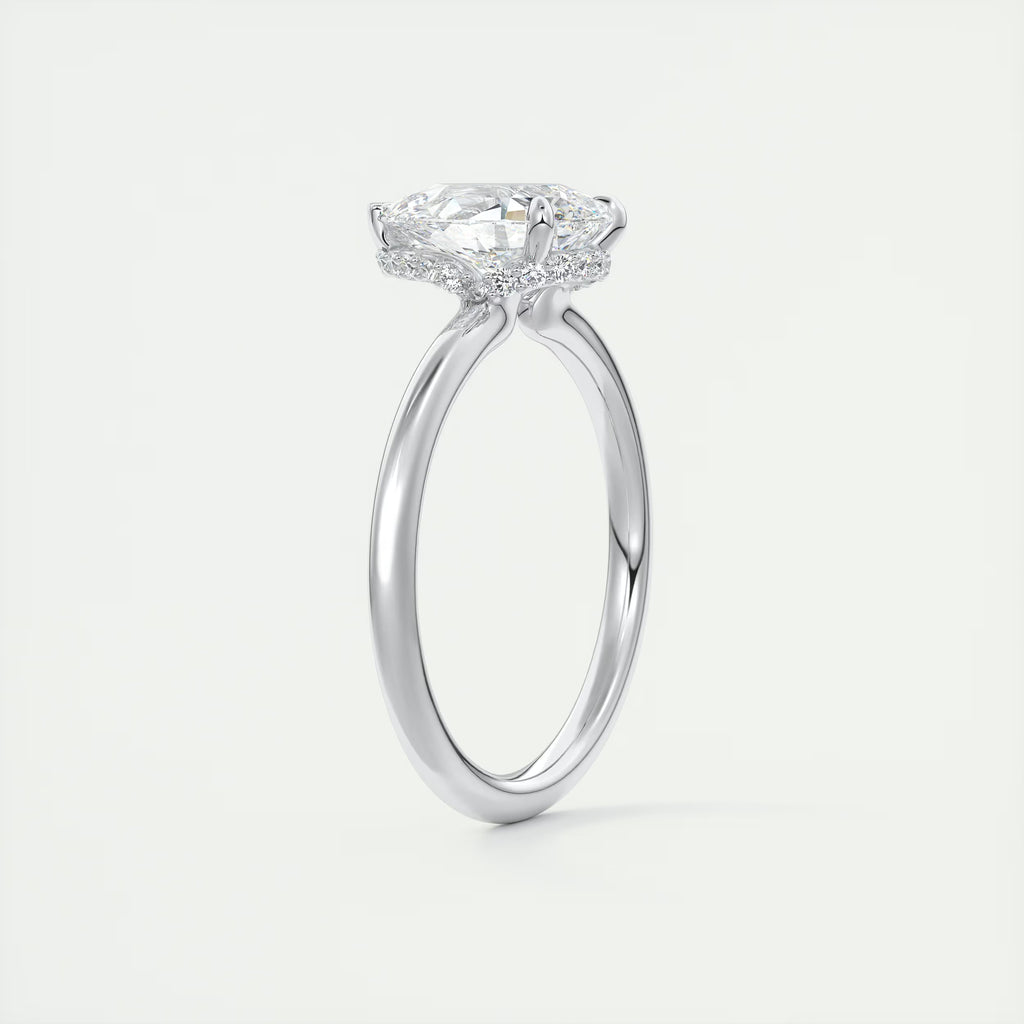 2.10 Ct Plunge Hidden Halo Center Stone Pear & Side Stone Round- Low Profile with Diamond Details Engagement Rings