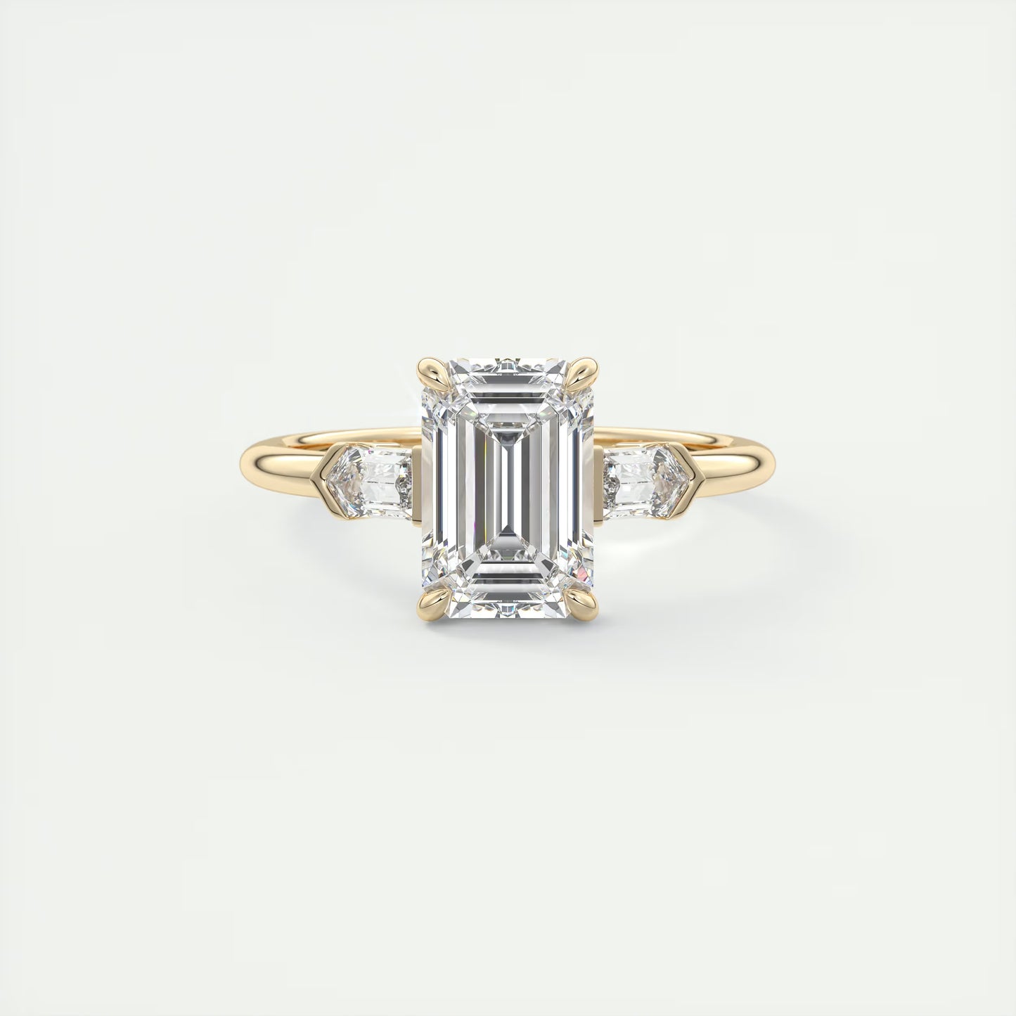 2.30 Ct Plunge Emerald & Bullets Three Stone Engagement Rings