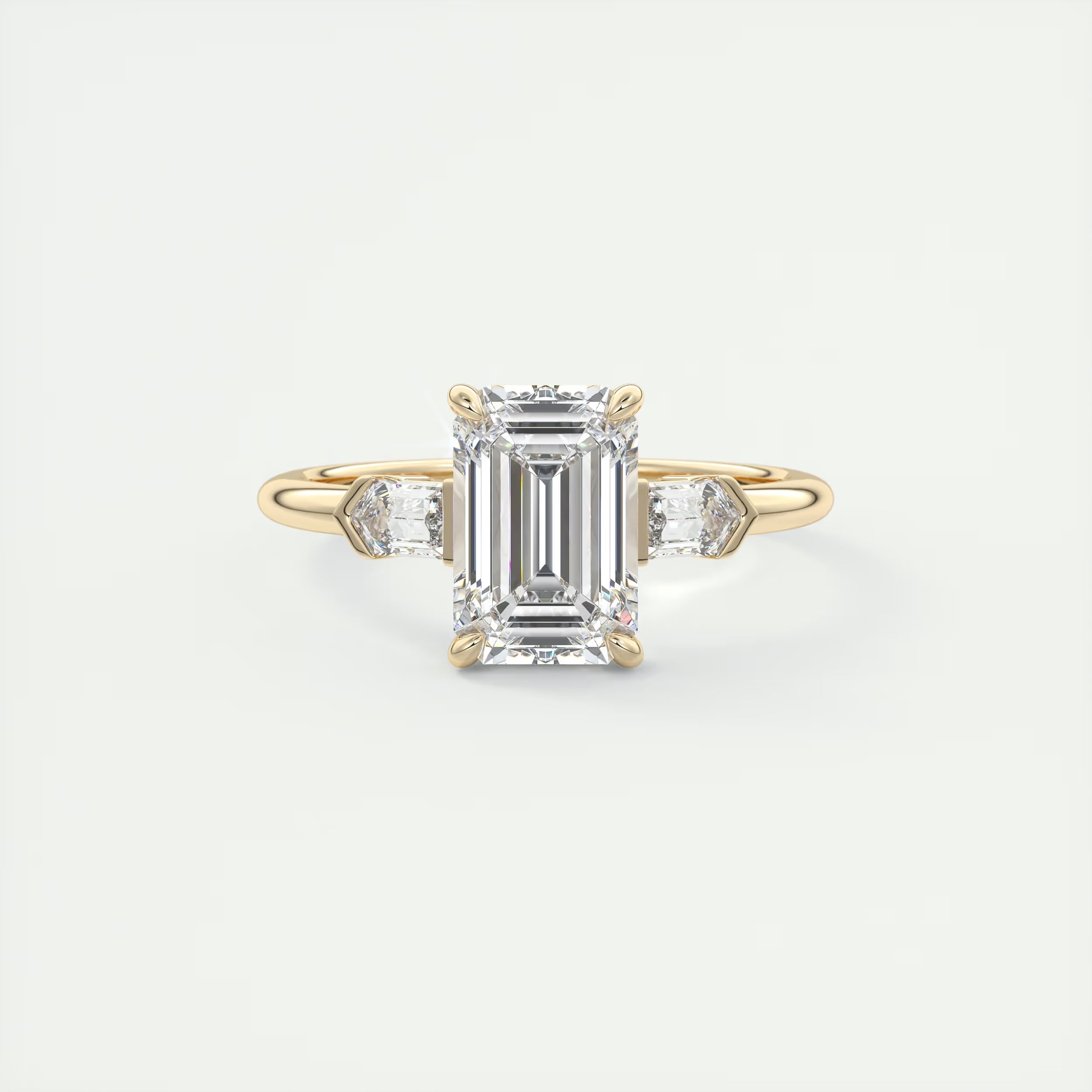 2.30 Ct Center Stone Emerald & Side Stone Bullets Three Stone Engagement Rings