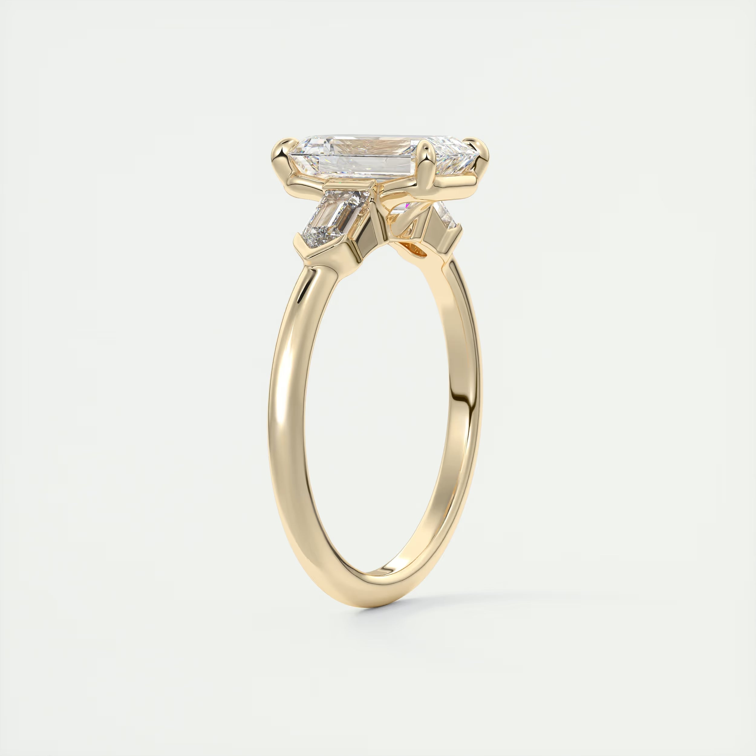 2.30 Ct Center Stone Emerald & Side Stone Bullets Three Stone Engagement Rings