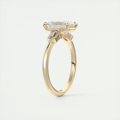 2.30 Ct Plunge Emerald & Bullets Three Stone Engagement Rings
